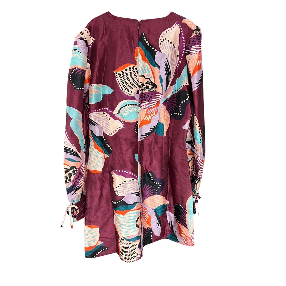 Hutch Burgundy Floral Satin Puff Sleeve Mini Dress Tie Cuff Deva NWT Size L - Picture 5 of 8